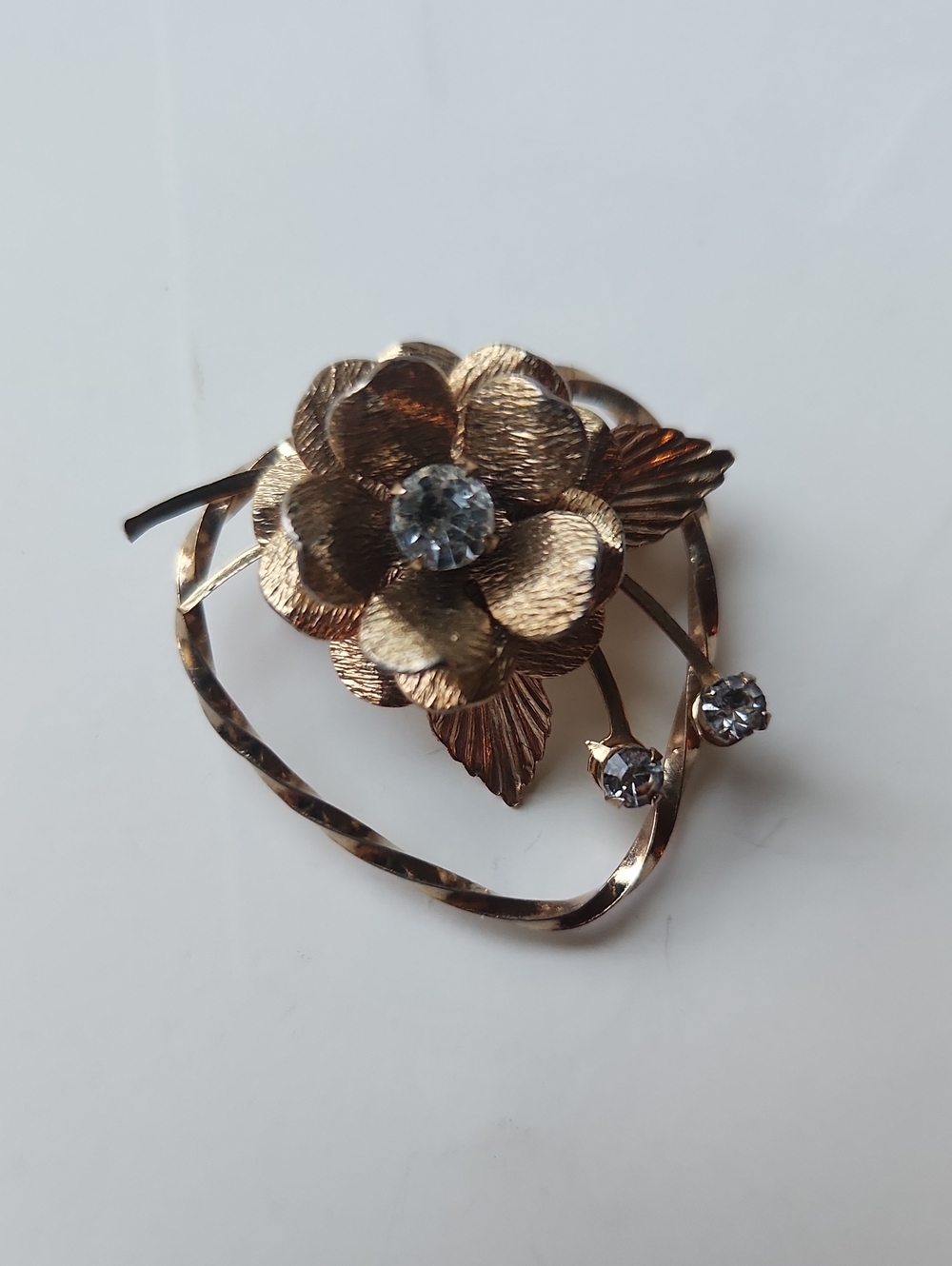 Gold-Tone Floral Brooch with Clear Rhinestones